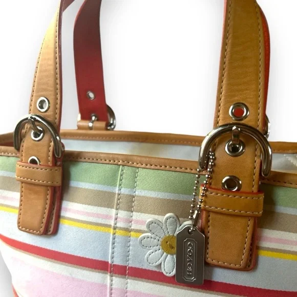 COACH Hampton Daisy Stripe Vachetta Leather & Canvas Mini Tote EUC - Picture 7 of 12
